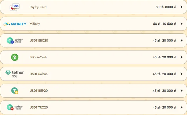 Metody płatności Vinyl Casino dla Polski z limitami: karta 50–8 000 zł, Mifinity, USDT, BitcoinCash